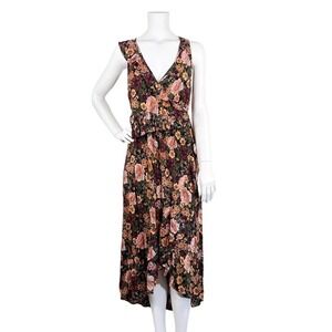 Romantic Dark Floral Wrap Midi Dress Hi-Lo | Boho 70s Inspired | Raga Small